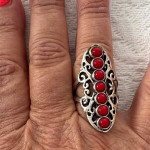 Elegant Silver and Red Filigree Ring